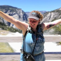 Chris celebrates at the top of Nevada Fall after her hike up the Mist Trail.