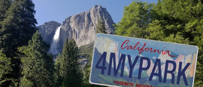 Showing how your cars can support Yosemite National Park. On the left we see Yosemite Falls on the right a specialty Yosemite plate that reads 4MYPARK