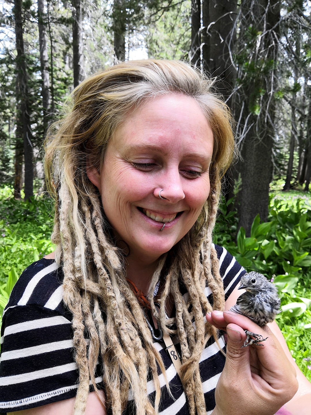 Chris holds the banding team's final bird of the 2019 research season: a young Audubon's warbler.