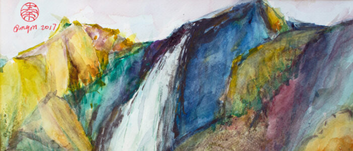 A jewel toned watercolor and Chinese ink painting of Yosemite Falls by artist Qinqin Liu.