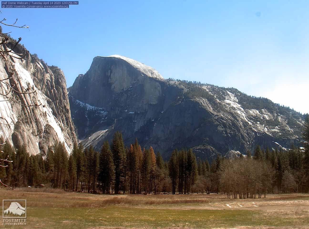 A screenshot of the Half Dome webcam in Yosemite National Park, from April 14, 2020. Webcam courtesy of Yosemite Conservancy.