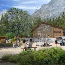 An artistic rendering of the planned plaza and informational signs outside the new Welcome Center in Yosemite Valley. Yosemite Falls is visible in the background. The Welcome Center will be located in a refurbished building (formerly the Sport Shop/Village Store) in eastern Yosemite Village.
