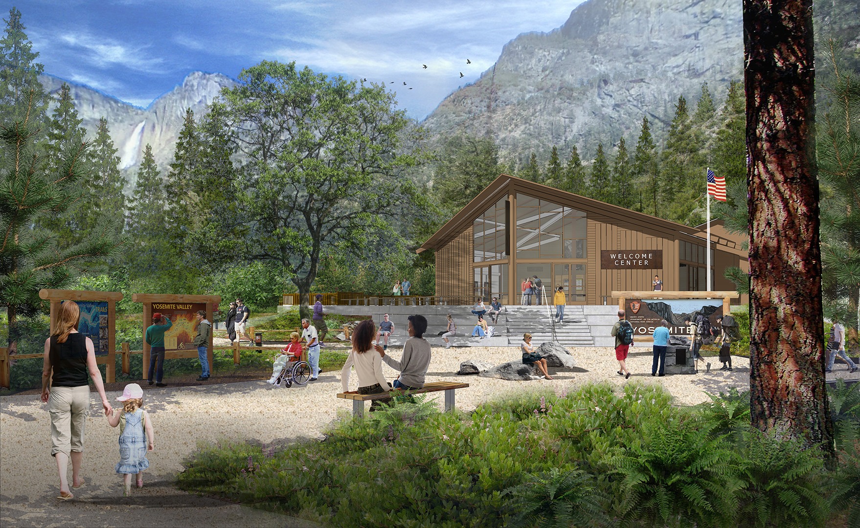 An artistic rendering of the planned plaza and informational signs outside the new Welcome Center in Yosemite Valley. Yosemite Falls is visible in the background. The Welcome Center will be located in a refurbished building (formerly the Sport Shop/Village Store) in eastern Yosemite Village.