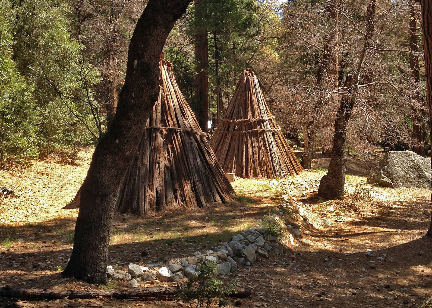 Bark-covered umachas, built as part of a larger, ongoing project to re-establish a cultural space for affiliated tribes in Yosemite Valley.