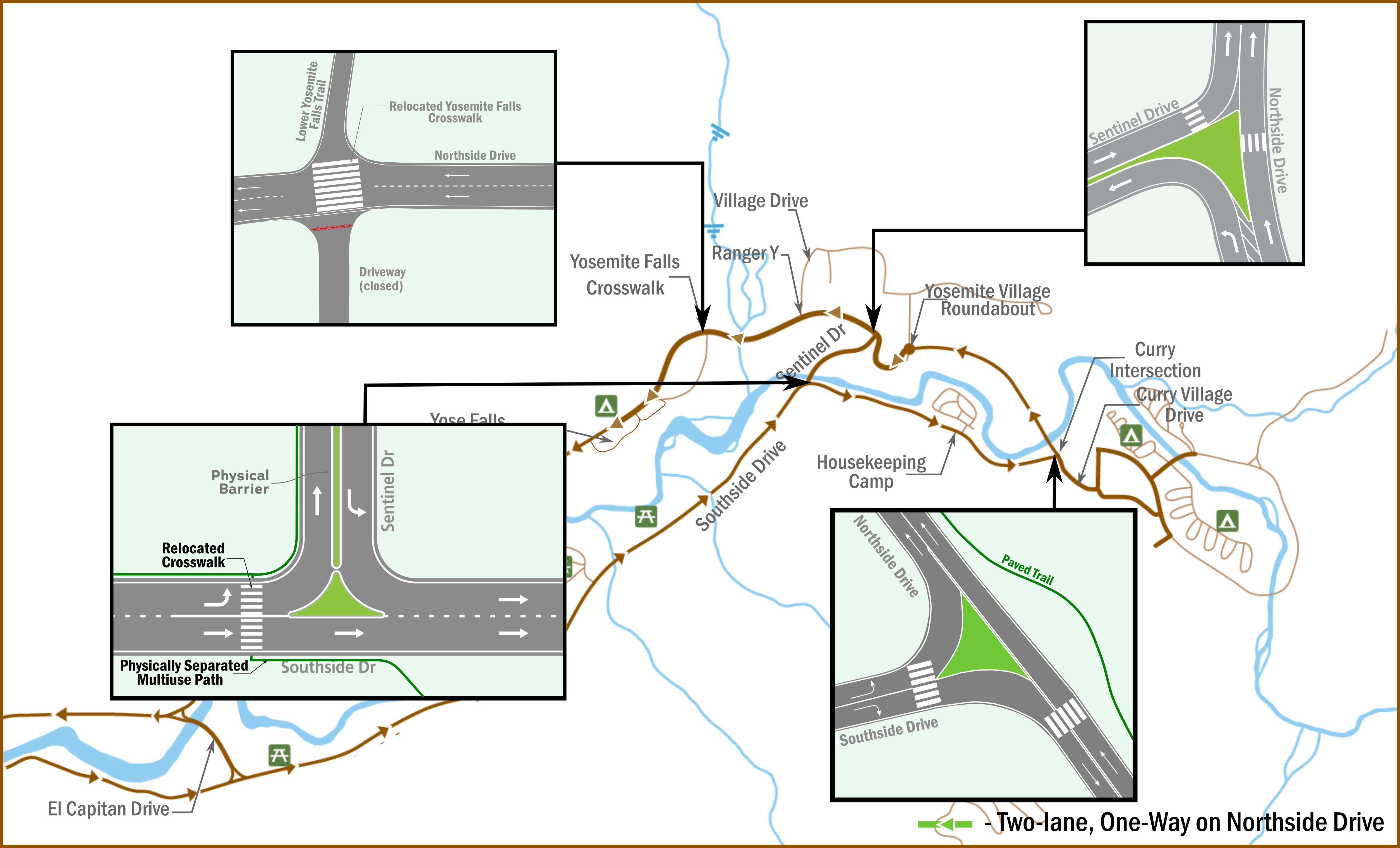 Map of roads in Yosemite Valley with special boxes around four intersections