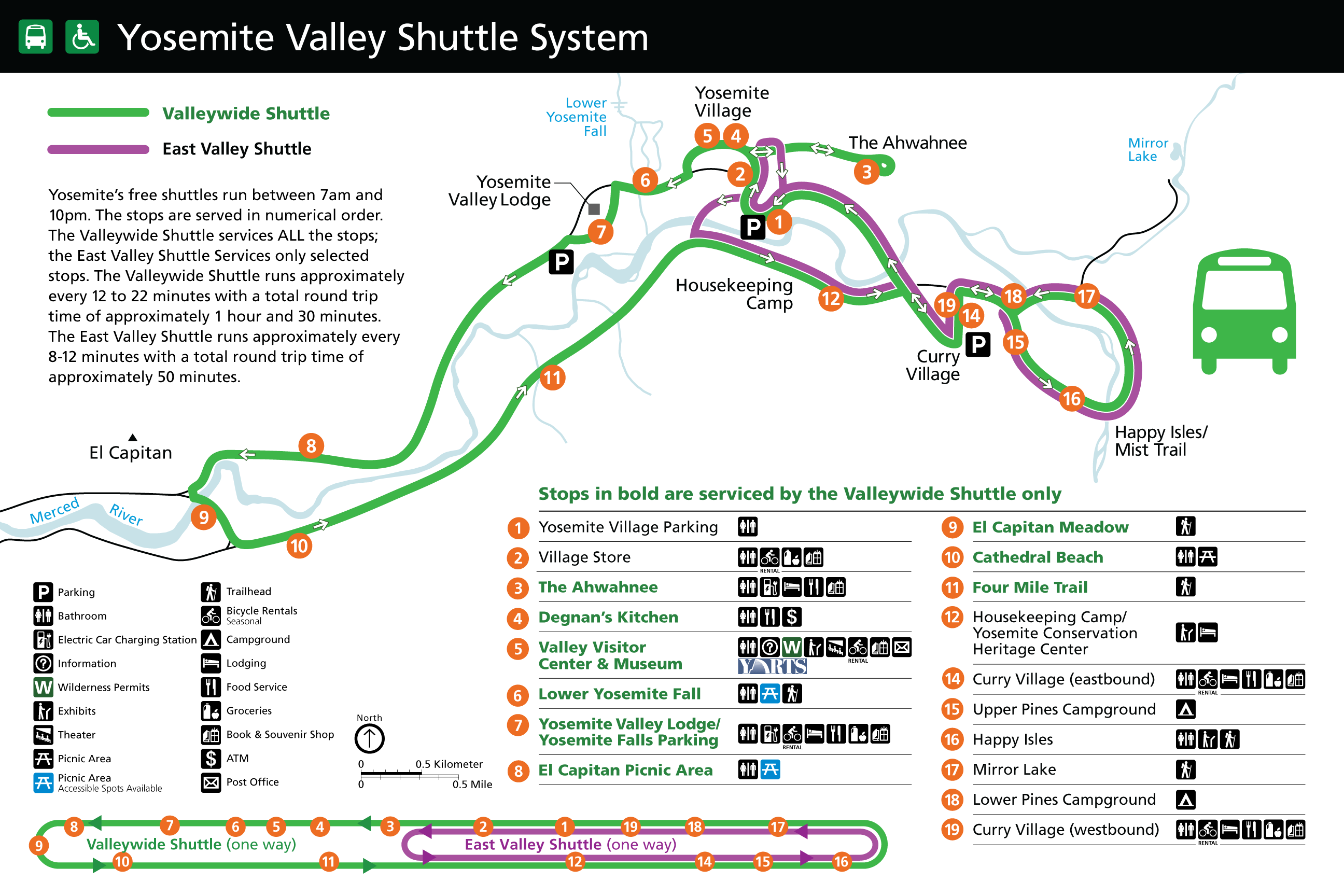 Map of Yosemite Valley showing the two different shuttle routes in pink and green with orange dots noting the stopping points