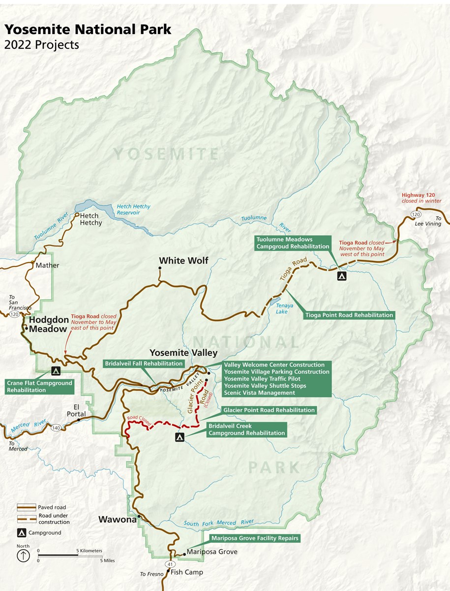 Map of Yosemite with only roadways and project locations labeled