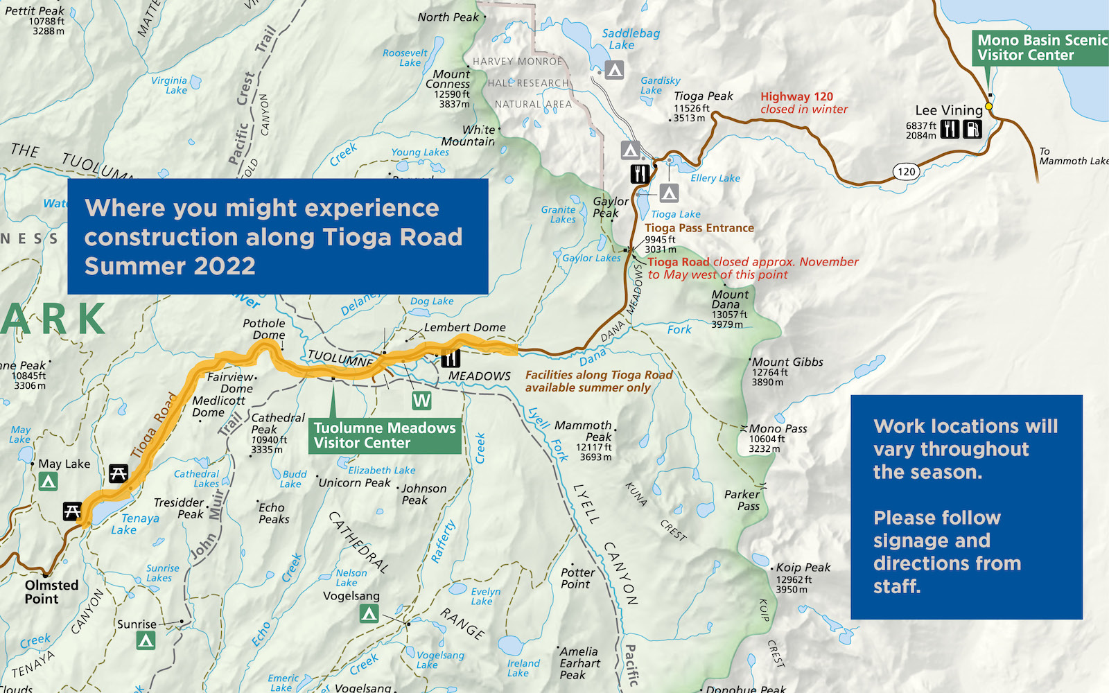 Map of Tuolumne Meadows area of Yosemite. Tioga Road is highlighted where construction may occur throughout the season.