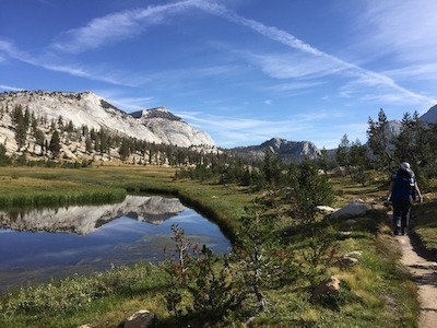 Large mountain on the upper left reflects into a small alpine lake as a person hikes along a trail that is leading toward trees