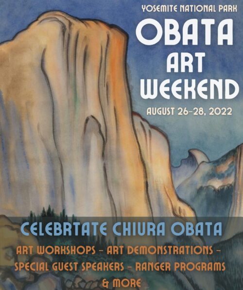 Painting of El Capitan by Chiura Obata with text about Obata Art Weekend