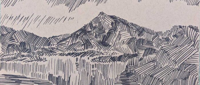 pen and ink drawing of a mountain 