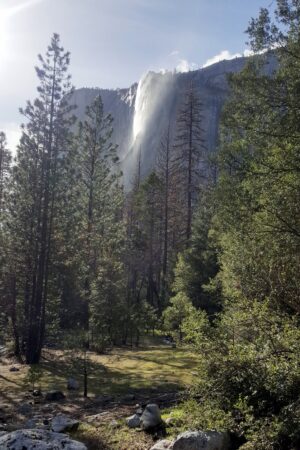 Mist on Horsetail Fall blowing in the breeze on a spring day.