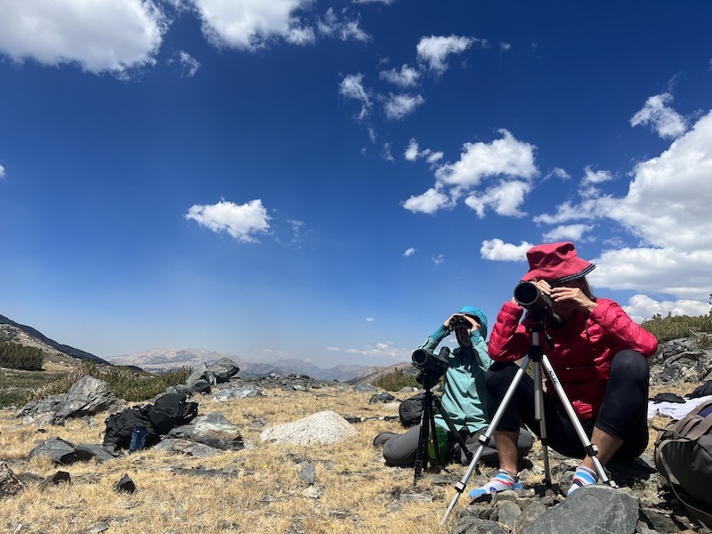 Two women in the mountains looking through spotting scopes hoping to see bighorn sheep. 