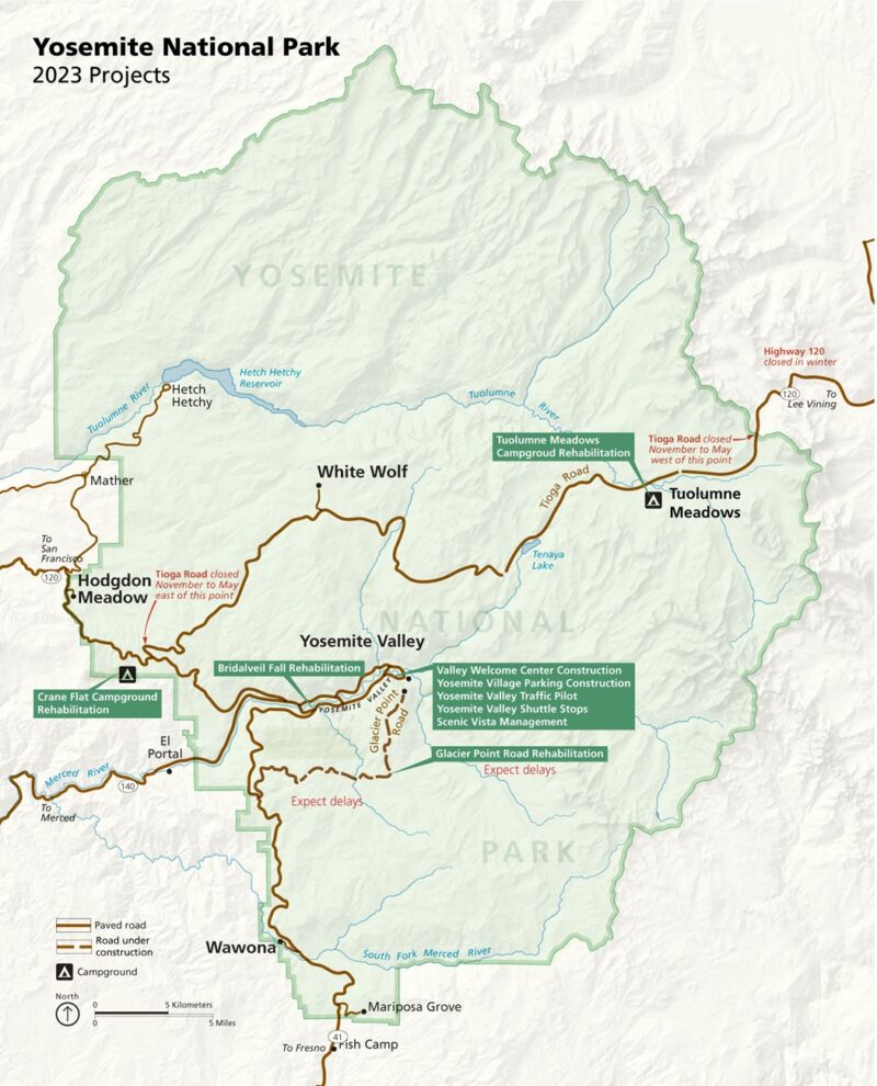 Map pointing to where construction projects will be taking place in Yosemite National Park this summer. There are arrows at Yosemite Valley, Glacier Point Road, Crane Flat Campground, Bridalveil Fall, and Tuolumne Meadows Campground