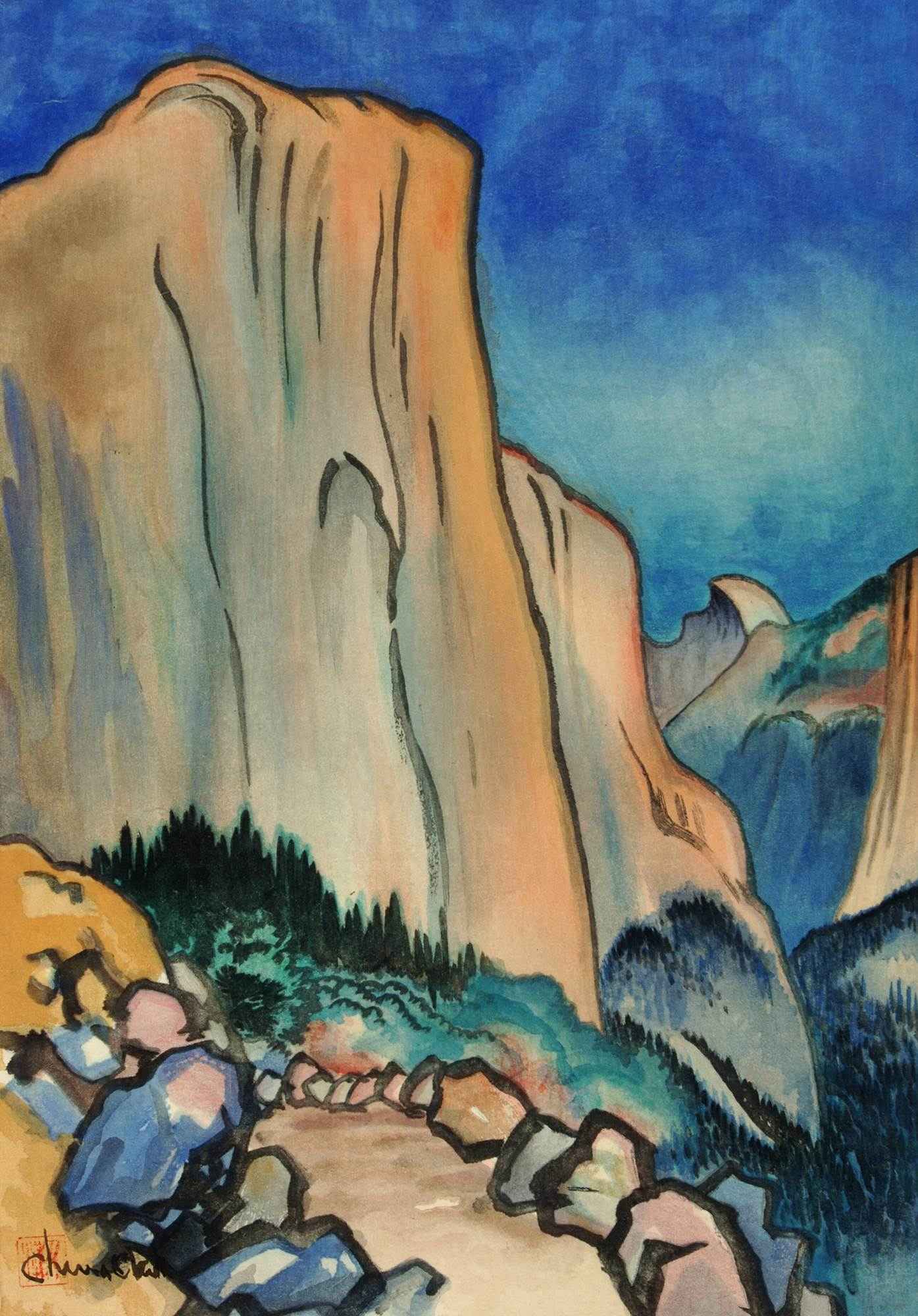 Woodblock and ink painting of El Capitan, by Chiura Obata