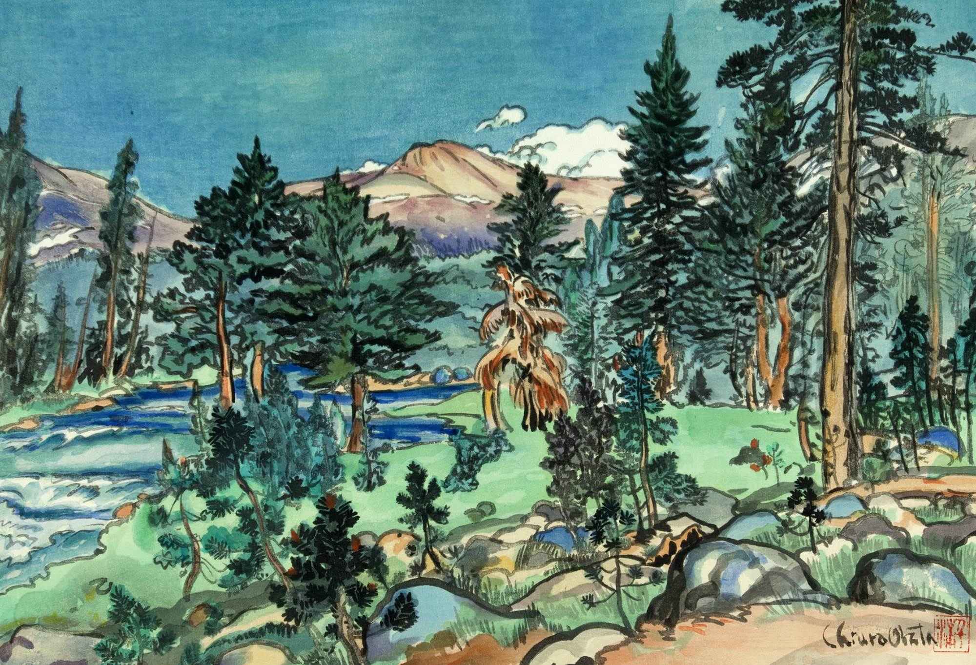 Woodblock prints, ink on paper of "Clouds, Upper Lyell Trail,Along Lyell Fork" by Chiura Obata, 1930