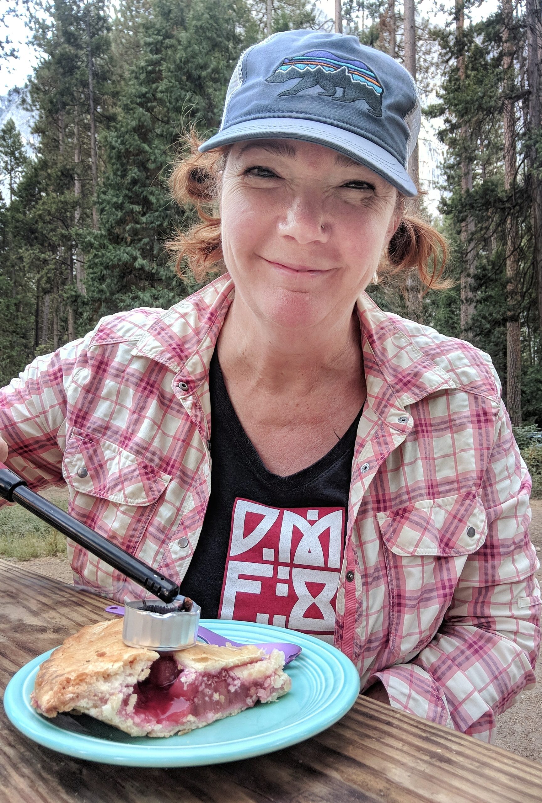 Amy George celebrating her 49th birthday in Yosemite, at Lower Pines campground.