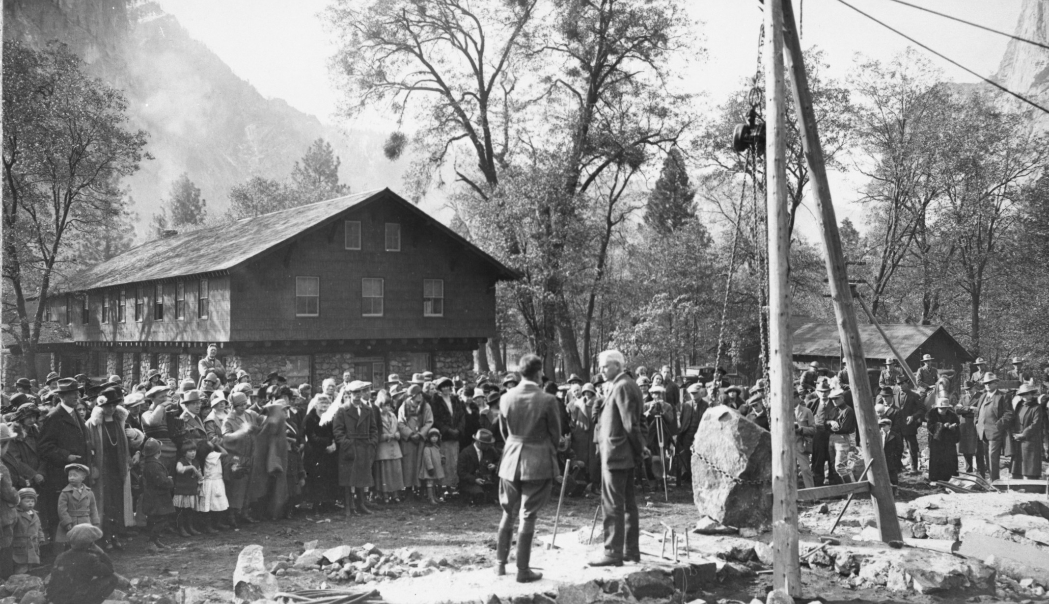 Museum cornerstone being laid and New Village dedication. Stephen Mather on the right in the center.