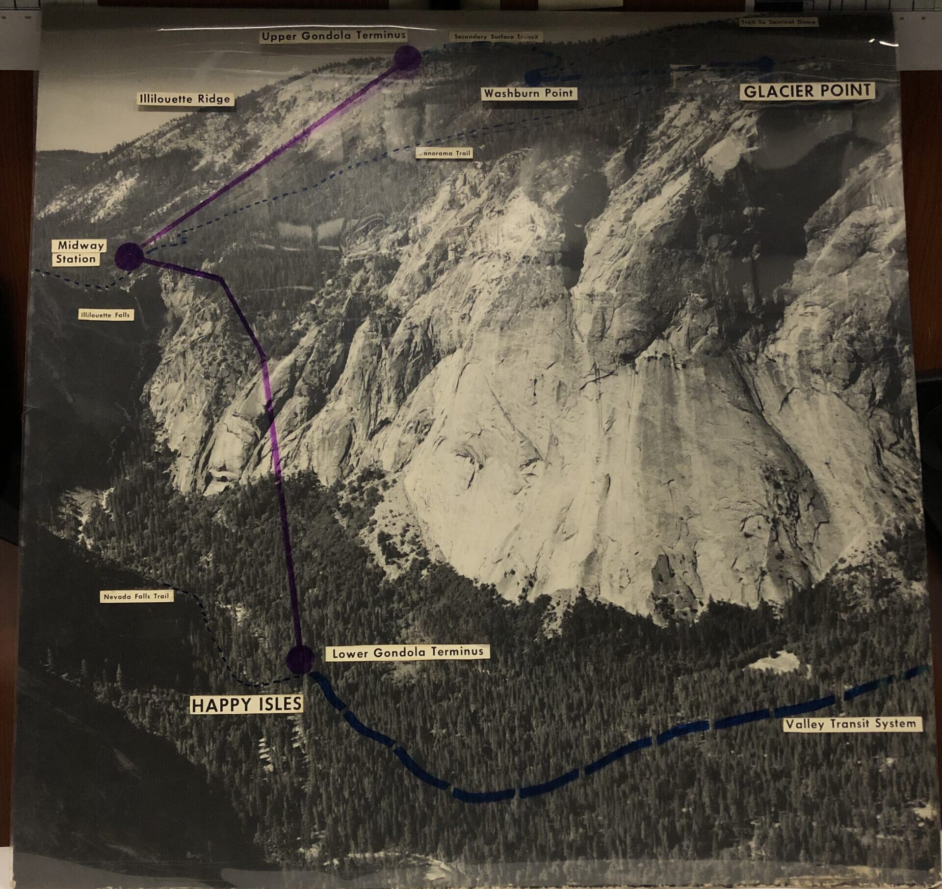 Alternate histories in Yosemite: the proposed route of the Glacier Point gondola, which would have left from Happy Isles to a midway station at Illilouette Falls and ended at the Glacier Point Hotel.