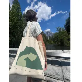 Photo of someone standing in Yosemite wearing a tote bag with a green outline of half dome and a bear.