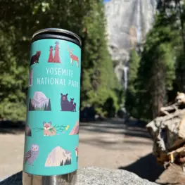 Photo of teal travel mug with illustrations of yosemite animals and mountains on it