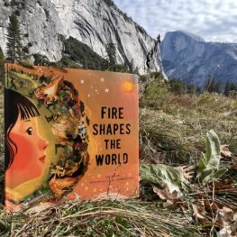 Image of the book Fire Shapes the World sitting on the ground in Yosemite. the image shows a young child.