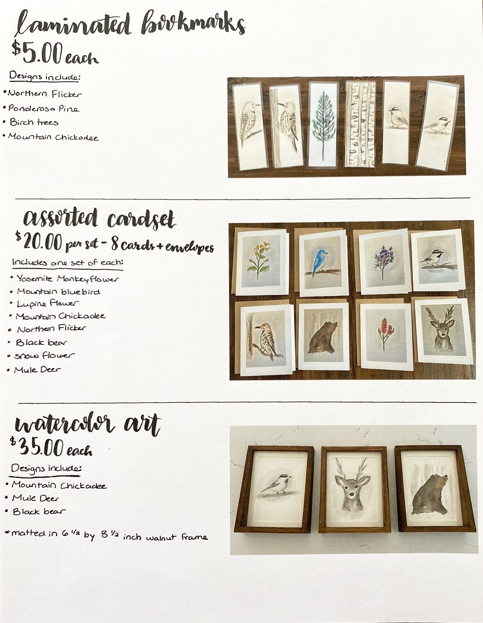 A menu of Leah's creative offerings, ranging from bookmarks to framed paintings.