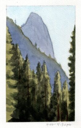artist and educator Andrea paints a view through the forests of Yosemite Valley looking at Sentinel Rock.