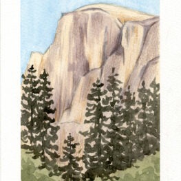 The skills of an artist and educator are shown in the watercolor painting where Half Dome is framed by green conifers