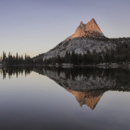 Perfect sunset reflection of Cathedral Peak in Cathedral Lake. 