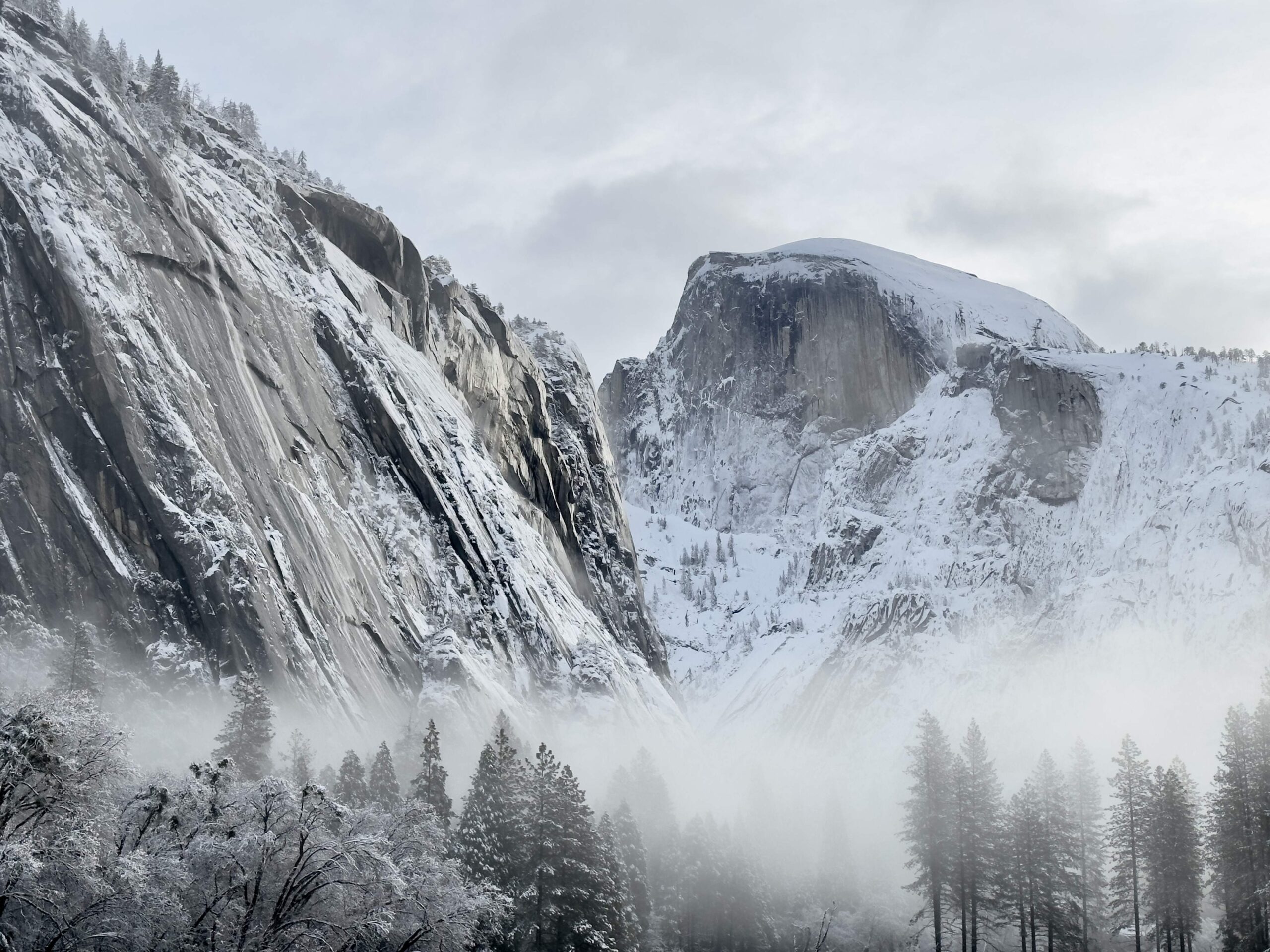One of the classic winter views inYosemite half dome dusted in show and shrowded in fog