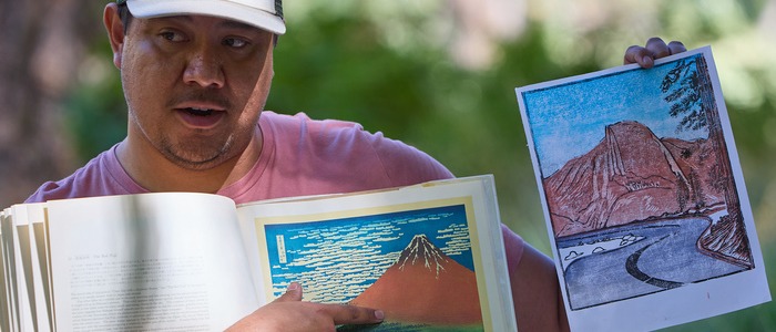 Obata Art Weekend artist Daniel Villa showing two examples of print making 