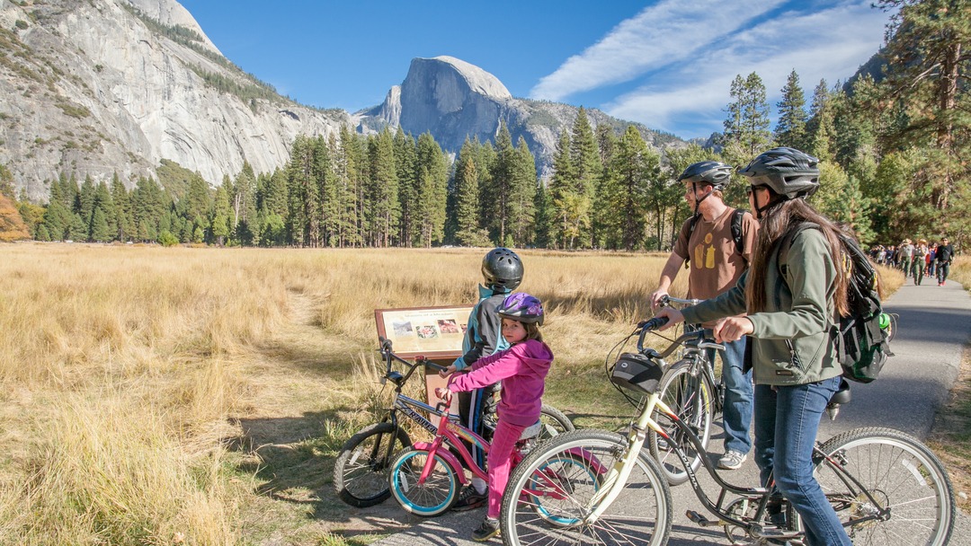 Two adults and two children, all on bikes, stare out over a meadow in Yosemite with trees and Half Dome in the distance.