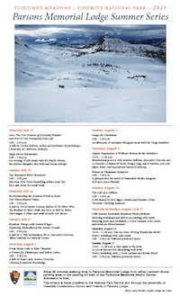 Image of the Parsons Memorial Lodge Summer Series 2025 flyer with a snowy picture at the top and the schedule on the bottom 