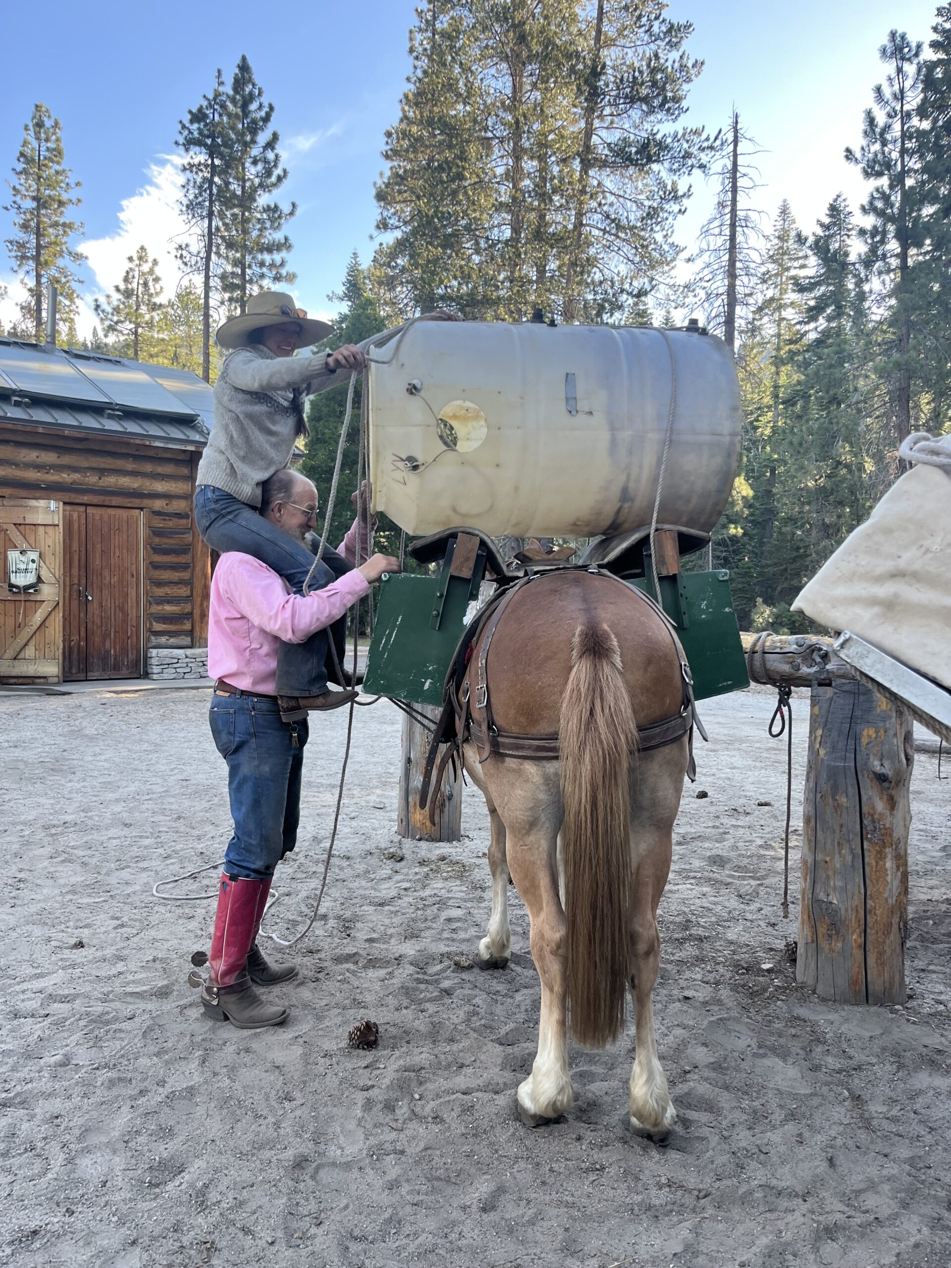 photo of two people, one of which sitting on the shoulders of the other, loading up a mule with trees in the background
