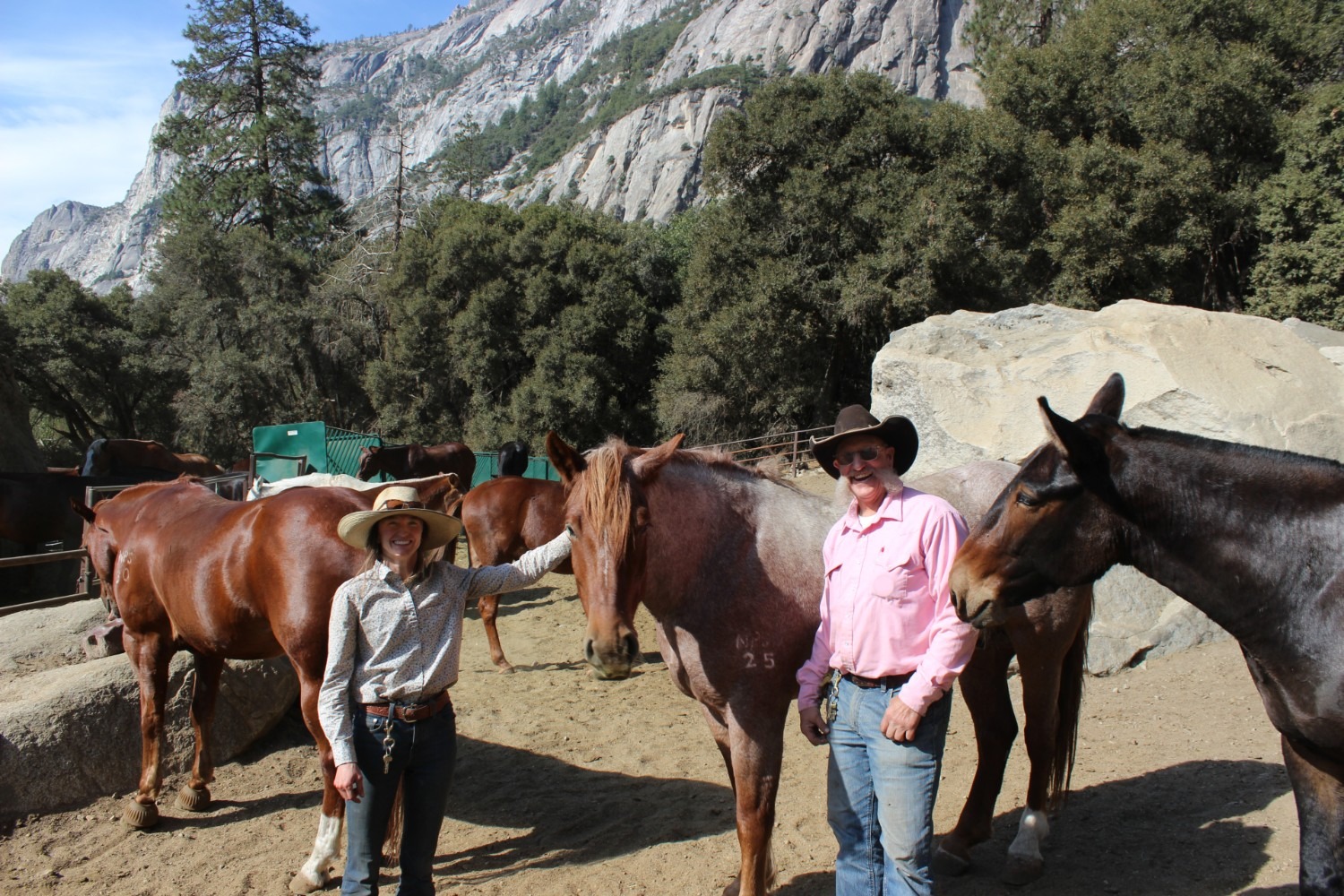 Mountains and trees are in the distance and in the foreground are two people standing with horses and mules