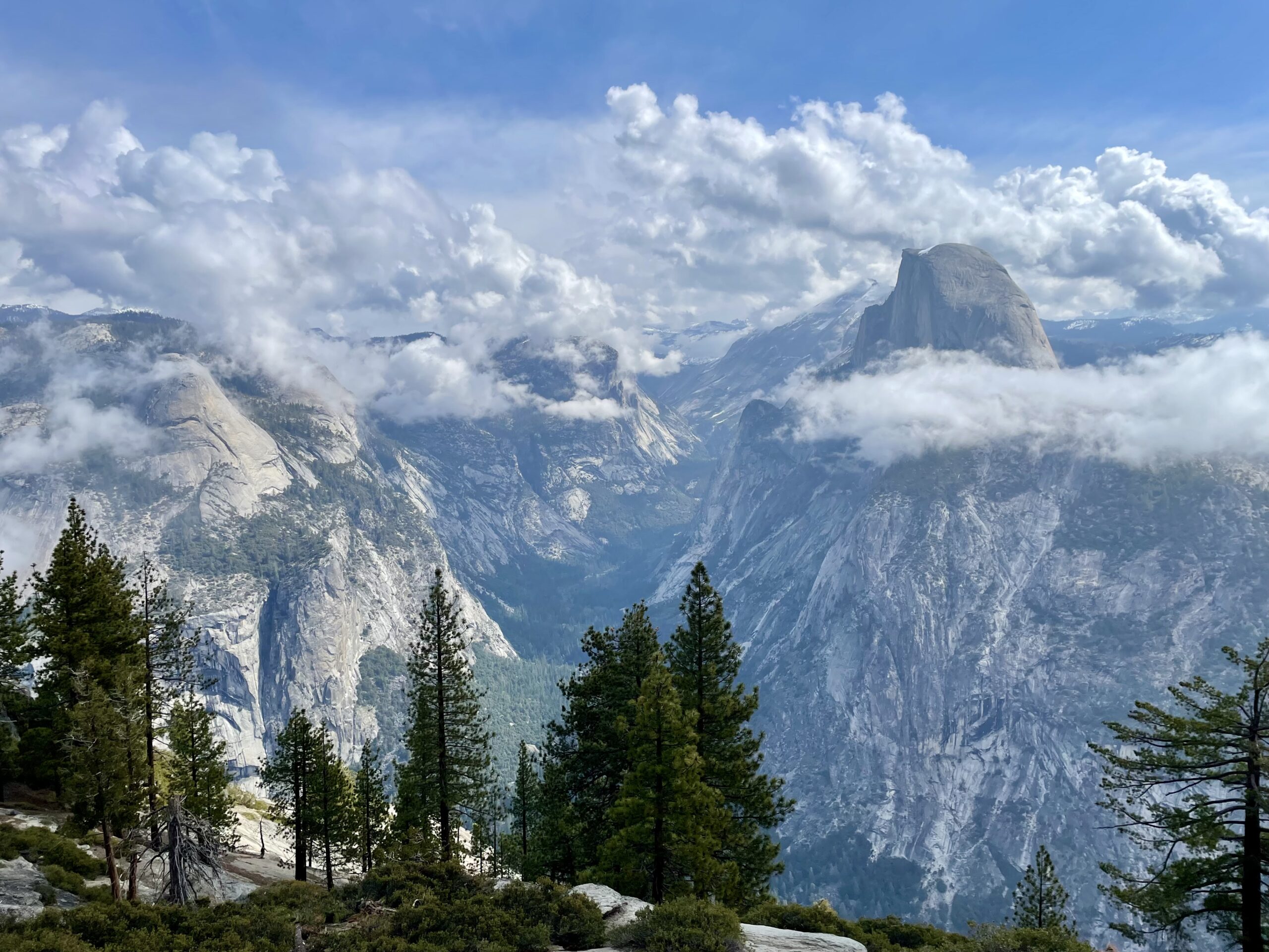 A deep canyon runs between rugged cliffs. Pine trees can be seen in the foreground, and the iconic Half Dome is visible among the clouds on the right.