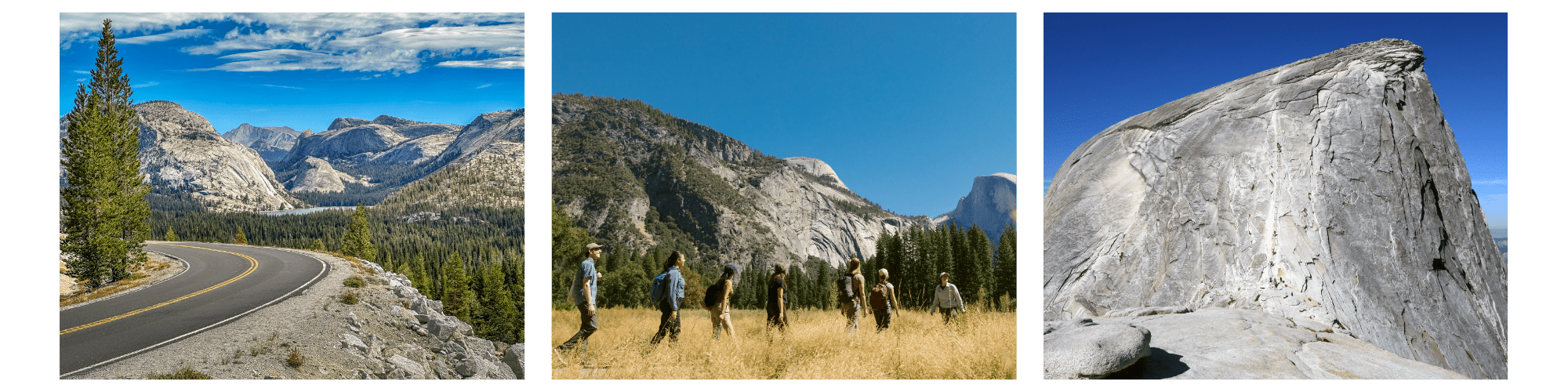 Summer, one of the best times to visit Yosemite. Photos of Yosemite in spring (left to right): A road bisects a tree covered area with blue skies and mountains in the distance; Seven people walk alongside a dry meadow, with tall cliff faces in the background; People ascend and descend cables set up on a rock formation known as Half Dome.
