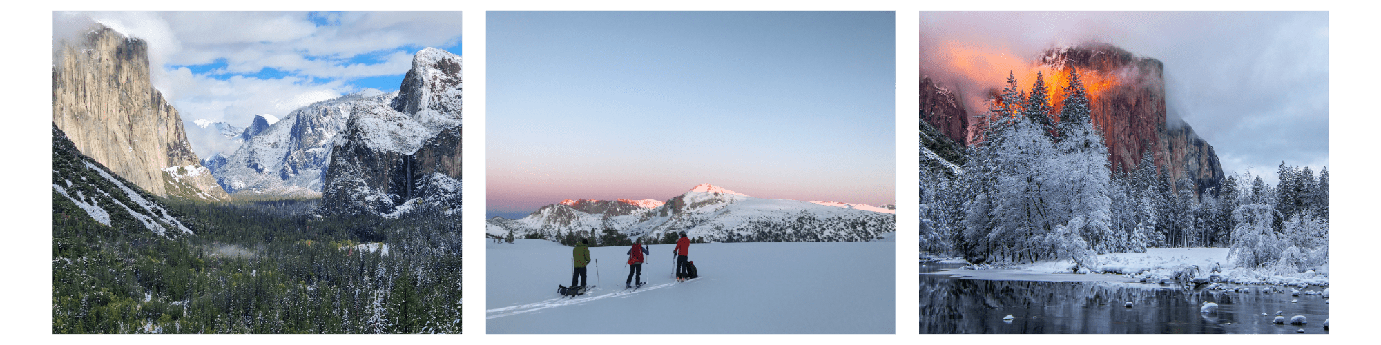 Winter, one of the best times to visit Yosemite. Photos of Yosemite in spring (left to right): Tree covered valley, flanked by snow covered cliff faces on either side; Three people cross-country ski with sunset-tinged, snow-covered mountains in the background. A riverbank is flanked by snow-covered trees and floor, while sunset light hits a cliff in the distance.