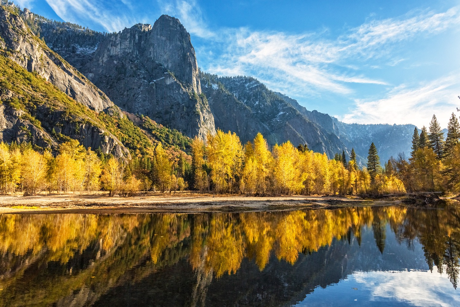 Fall colors and Sentinel Rock reflected in the Merced River in Yosemite National Park.