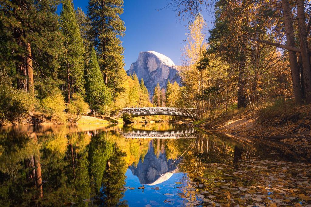 Half Dome and Stoneman Bridge framed by fall foliage. A great spot for leaf peeping in Yosemite.