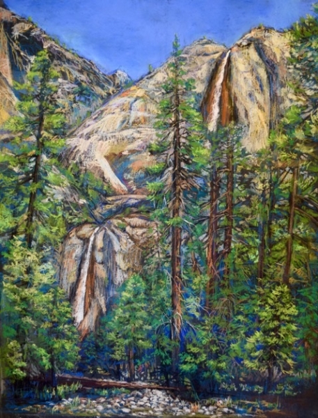 Tsungwei (Molly) Moo draws inspiration from Yosemite's natural beauty, seen here in her pastel drawing of Yosemite Falls.