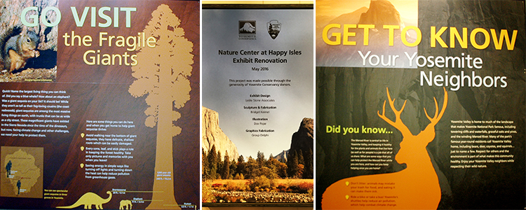 Here's a quick taste of what you'll see on the walls of the Nature Center: Tips for taking care of giant sequoias, ways to protect the Merced River and the wild creatures that make their homes in Yosemite Valley, and a nod to the partnership and donors that made the renovation possible.