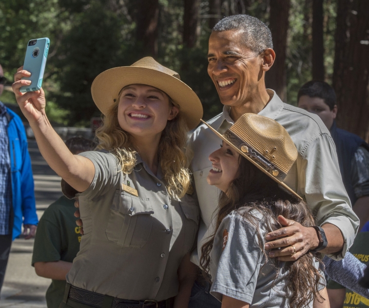 Yosemite rangers Jessica and Ale snapped a selfie with President Obama before his speech. Photo: © Al Golub.