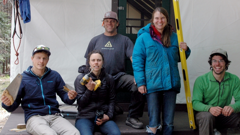 Nicky (far left), with fellow SAR members and the construction leader for this spring's cabin replacement project. Photo: Yosemite Conservancy.