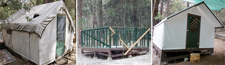 This spring, crews rebuilt two Search and Rescue tent cabins in Camp 4, replacing the worn-down structures with new models to provide comfortable housing for seasonal volunteers. Photos: NPS and Yosemite Conservancy. 