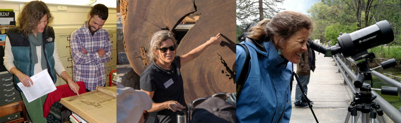 Schuyler in action! Left to right: Perusing historical documents at the Yosemite Research Library with Projects Manager Ryan Kelly (Yosemite Conservancy/Debra Holcomb); talking to event guests about new educational exhibits at the Mariposa Grove Welcome Plaza during a celebration of the grove restoration project (Al Golub); testing out a telescope stationed in the Valley for the grant-supported Ask a Climber program (Yosemite Conservancy).