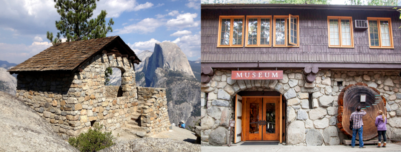 The Glacier Point Trailside Museum (left) and Yosemite Museum (right) opened in the mid-1920s. Photos: (Left) Wearsunscreen [CC BY-SA 3.0  (http://bit.ly/cc-sa3)]; (Right) Yosemite Conservancy/Keith Walklet
