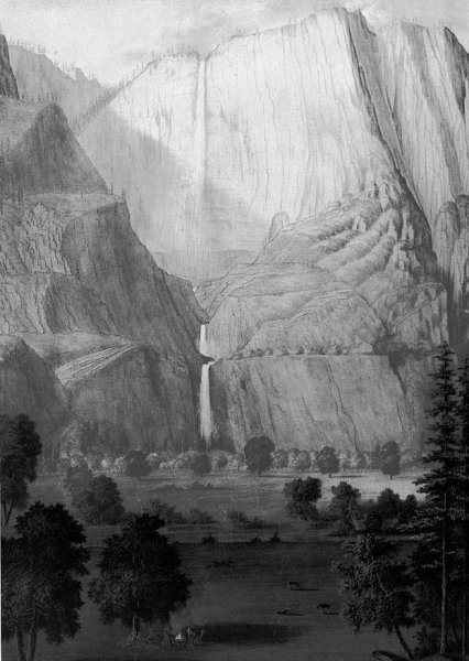 Thomas Ayres's 1855 sketches of Yosemite Valley captured dramatic cliffs and waterfalls. (Public domain image, courtesy of NPS)