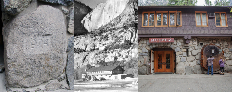 Left to right: The Yosemite Museum cornerstone (courtesy of NPS); a view of the museum in the 1930s, shortly after it opened (courtesy of NPS); and a closer look at the structure, including its giant sequoia cross-section, from 2017 (Yosemite Conservancy/Keith Walklet).